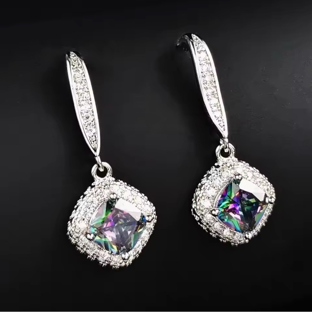 Mystic Topaz Halo Drop Earrings - Silver Tone